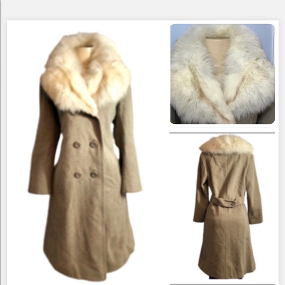 VINTAGE WOOL & FUR TRIM TAN AND CREAM COAT - Picture 1 of 7